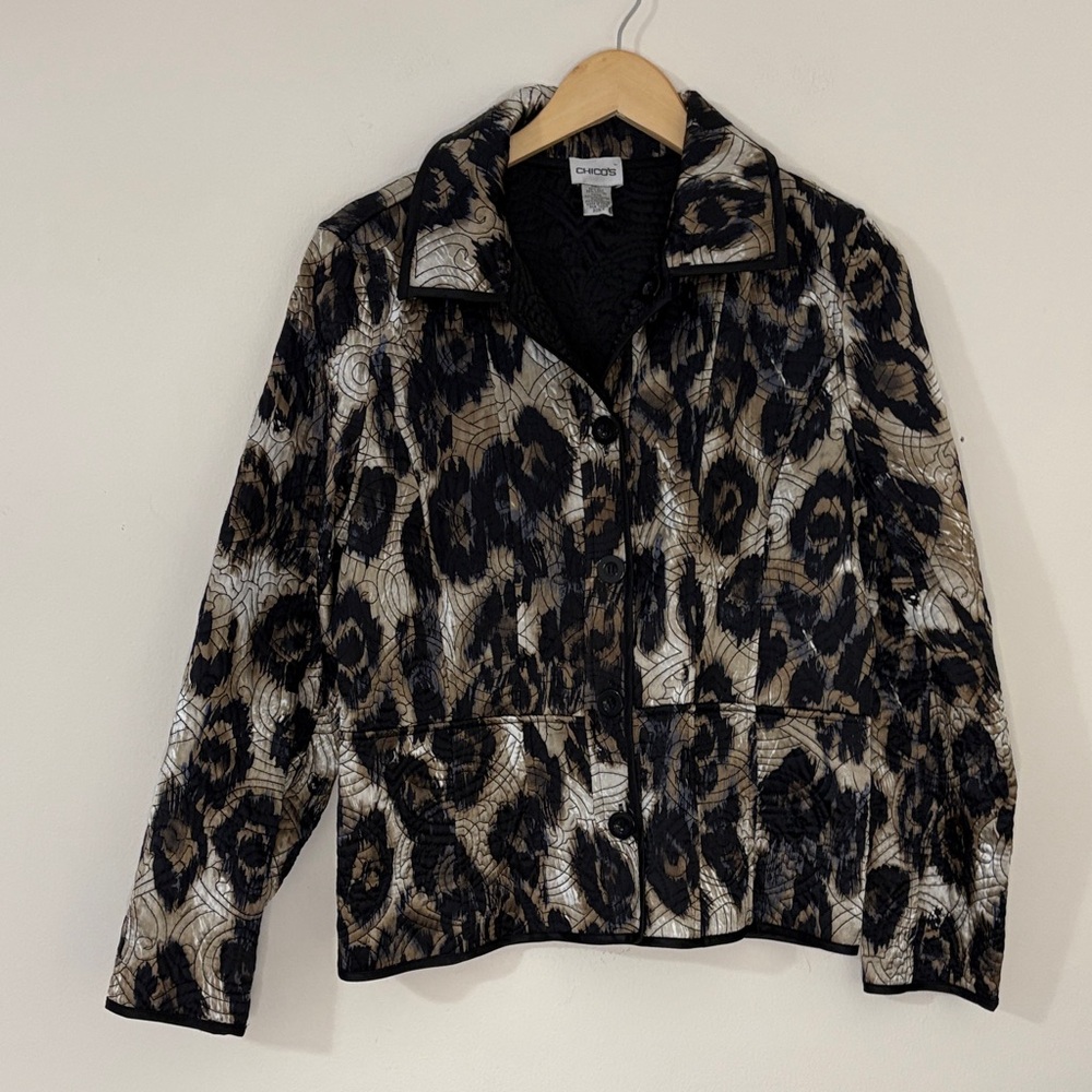 Vintage Chico’s Silk Quilted Animal Print Jacket Blazer Embroidered Y2K Medium